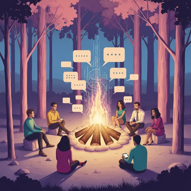 A peaceful digital campfire scene representing forums social media as a space for deep connection.