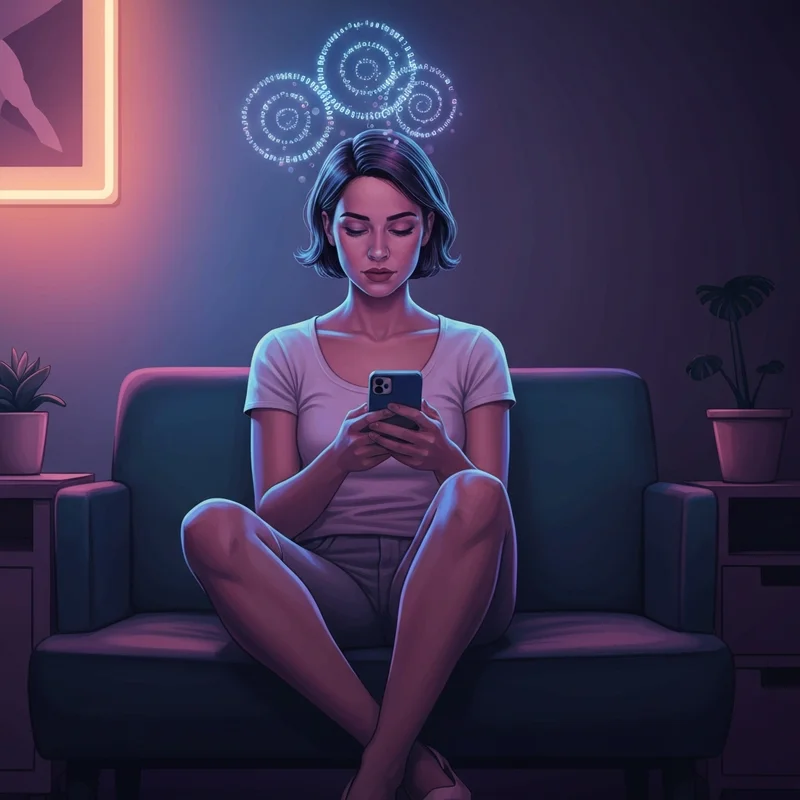A young woman sitting on her bed at night looking at her phone with a digital 'thought loop' graphic around her, illustrating social ocd.