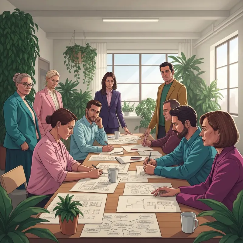 A diverse group of young professionals collaborating in a modern ethical workspace, focusing on social commitment and community impact strategy.