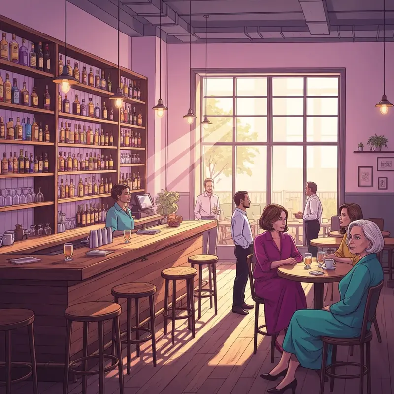 A cozy, sun-drenched neighborhood bar interior with people enjoying a lakewood social experience and amaro cocktails.