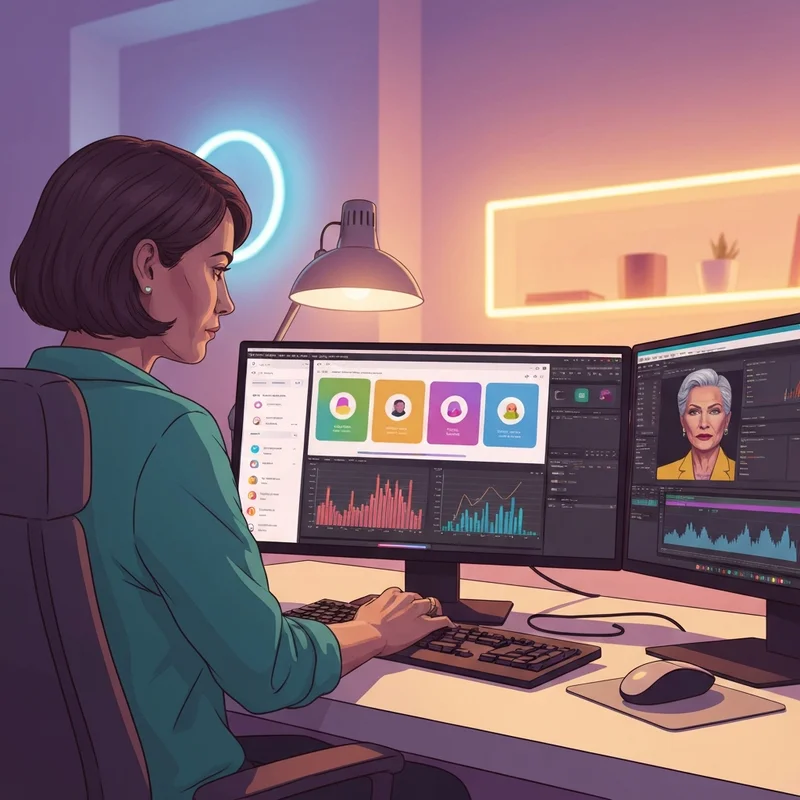 A professional specialist in social media working in a modern office, analyzing digital marketing trends on multiple screens.