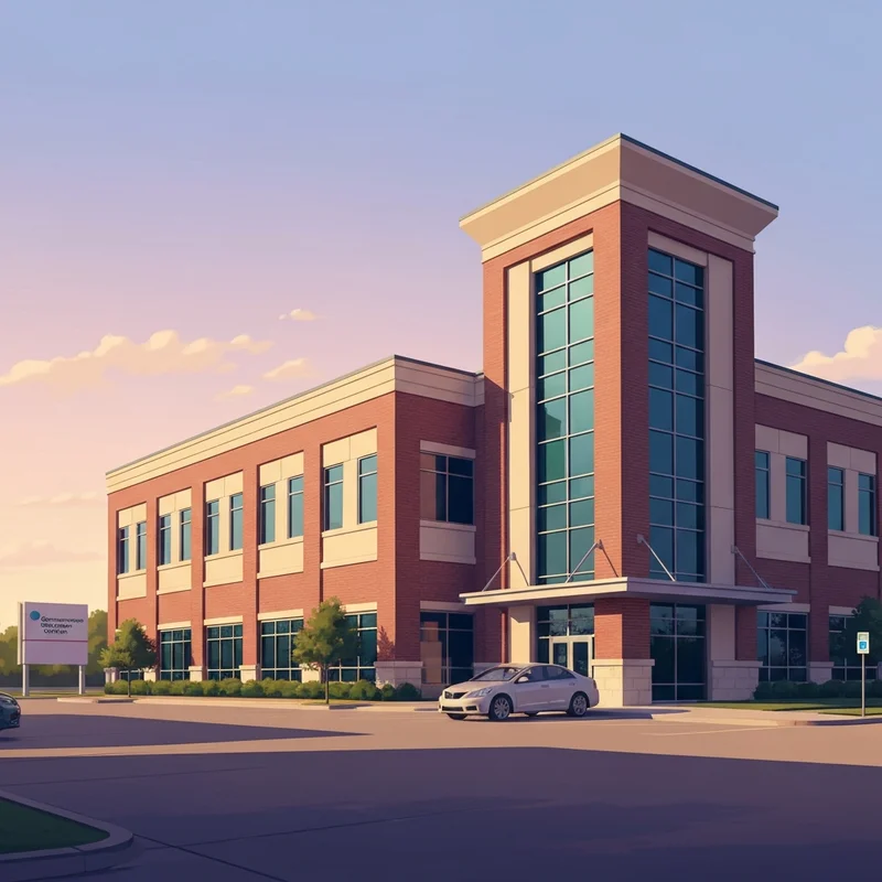 The exterior of a professional office building representing the social security denton tx location on Colorado Blvd with clear blue Texas skies.