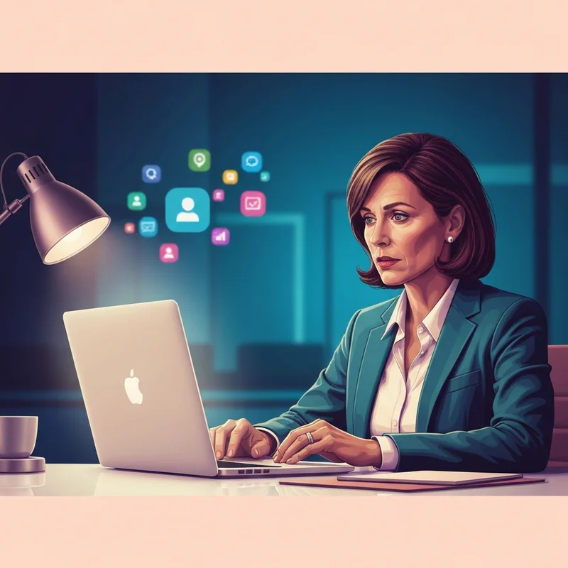 A professional 25-34 year old person thoughtfully reviewing their digital footprint on a laptop for immigration social media collection.