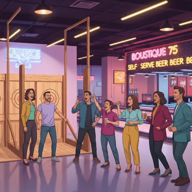 A group of friends laughing and throwing axes at Dogwood Social House O’Fallon IL in a modern industrial setting.