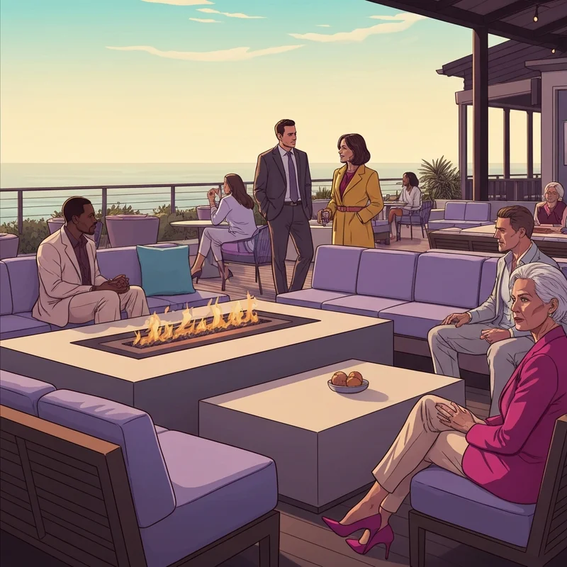 A luxurious del mar social lounge at sunset with fire pits and upscale networking atmosphere.