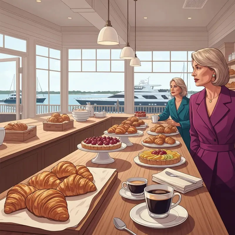 A luxury spread of French pastries including almond croissants and fruit tarts from the social bakery hilton head with a marina background.