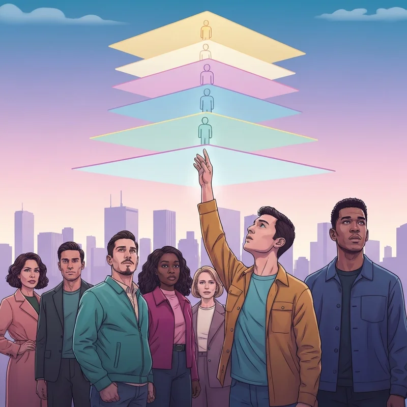 A cinematic representation of a modern city skyline with glowing layers of light representing different levels of social stratification meaning and digital influence.