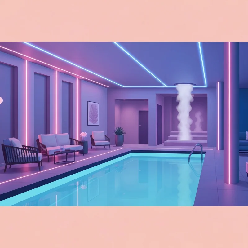 A luxurious and dimly lit modern social club interior with neon accents and a shimmering pool, representing electricity social club.