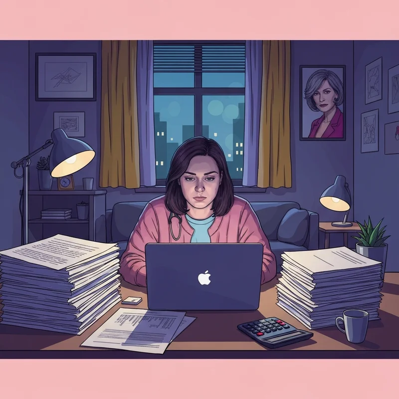 A college student looking stressed at a laptop with financial documents, illustrating the socialized tuition system struggle.