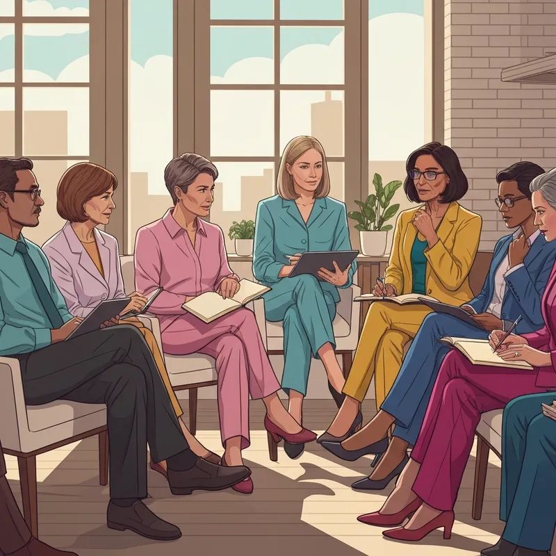 A diverse group of professional social workers in a supportive, collaborative meeting environment discussing the social work code of ethics.