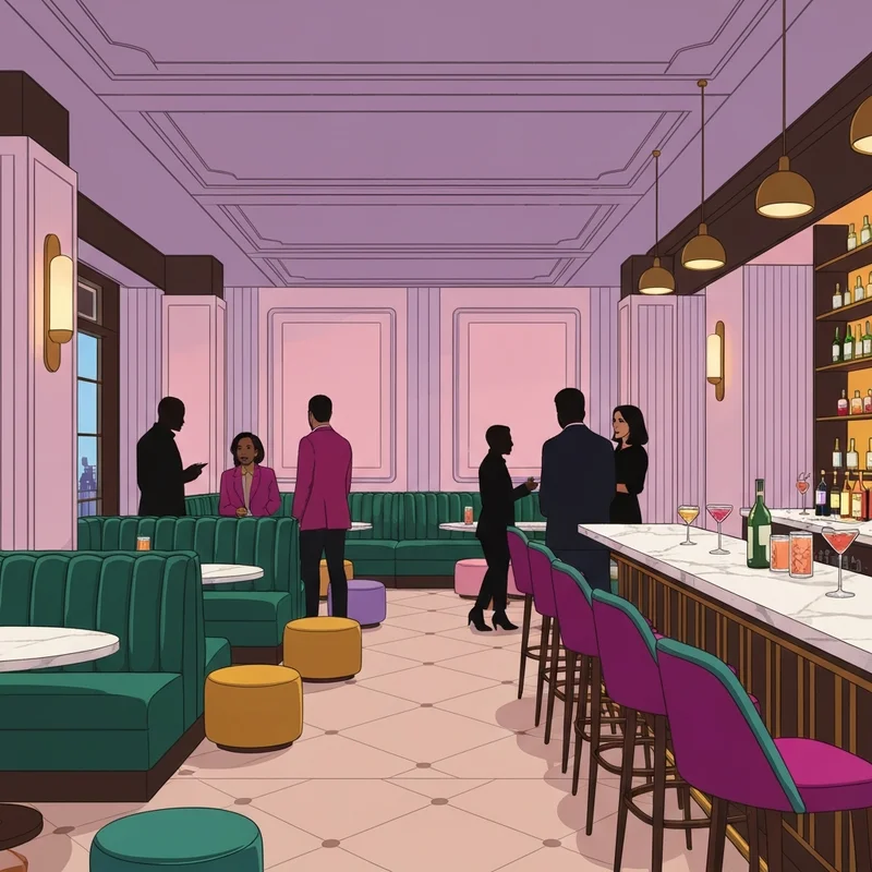A high-aesthetic social lounge with plush velvet seating, ambient neon lighting, and people enjoying cocktails in a sophisticated urban setting.