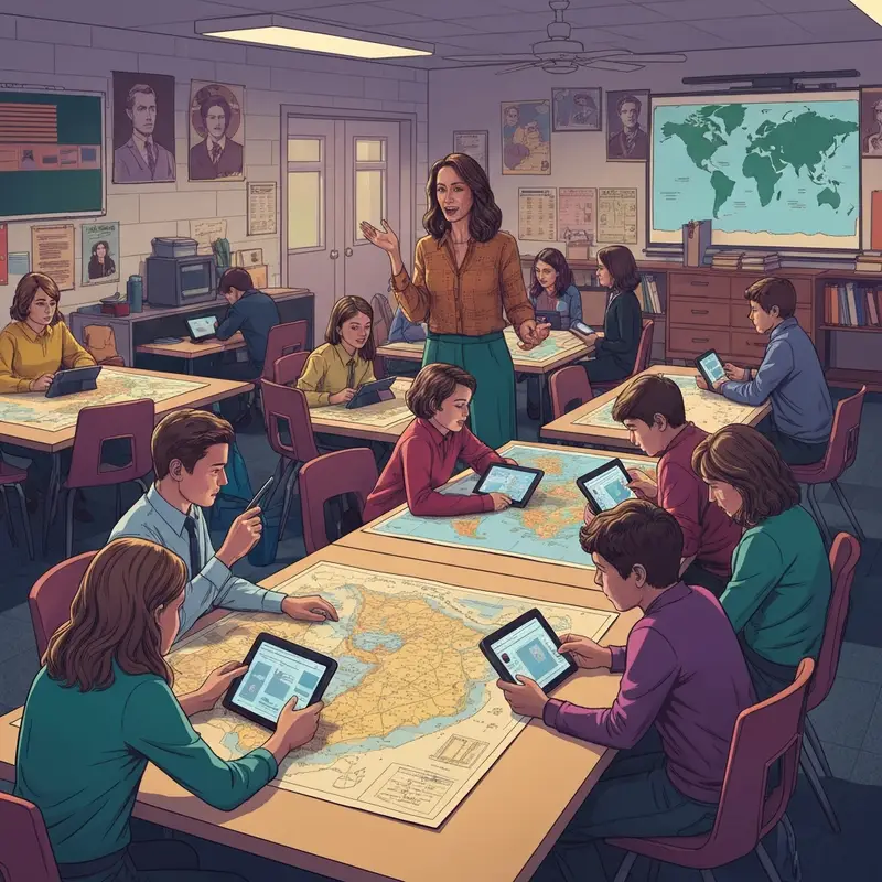 A diverse group of middle school students engaged in interactive social studies games on tablets, showing expressions of excitement and collaborative learning in a modern classroom setting.