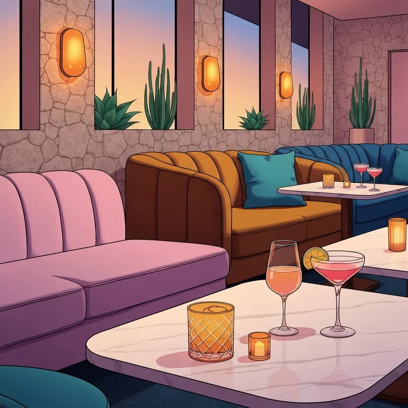 A boho-chic interior of a desert social lounge with warm lighting and artisanal cocktails.