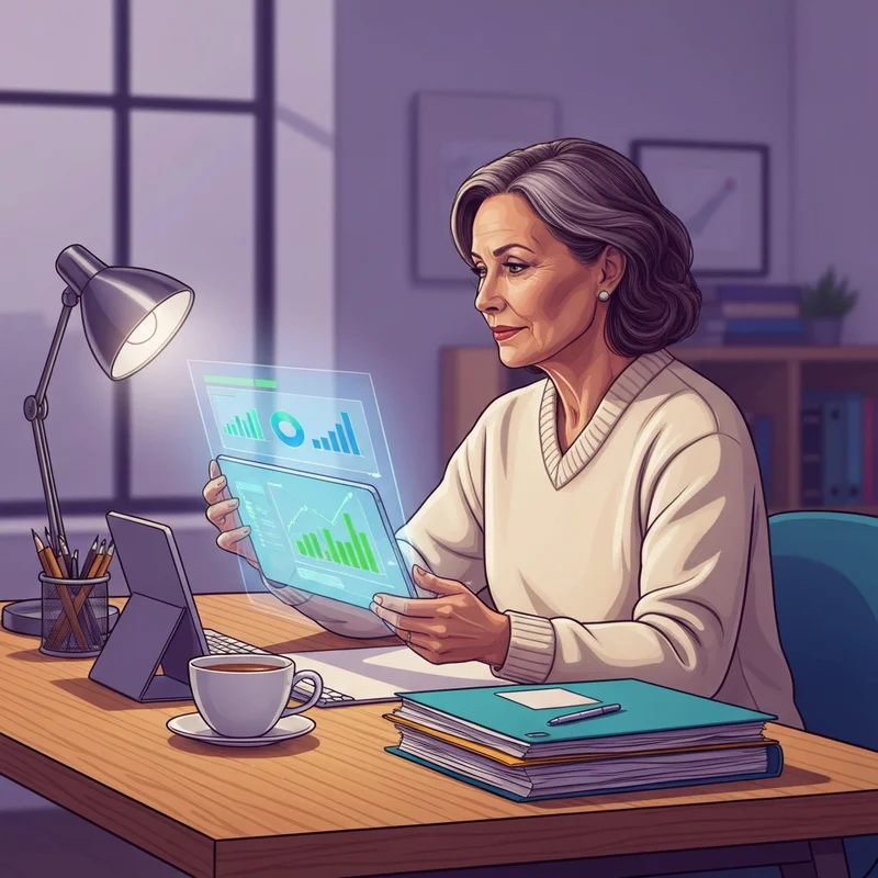 A mature woman sitting in a sunlit living room reviewing financial documents and a digital tablet, feeling secure about her social security and disability plan.