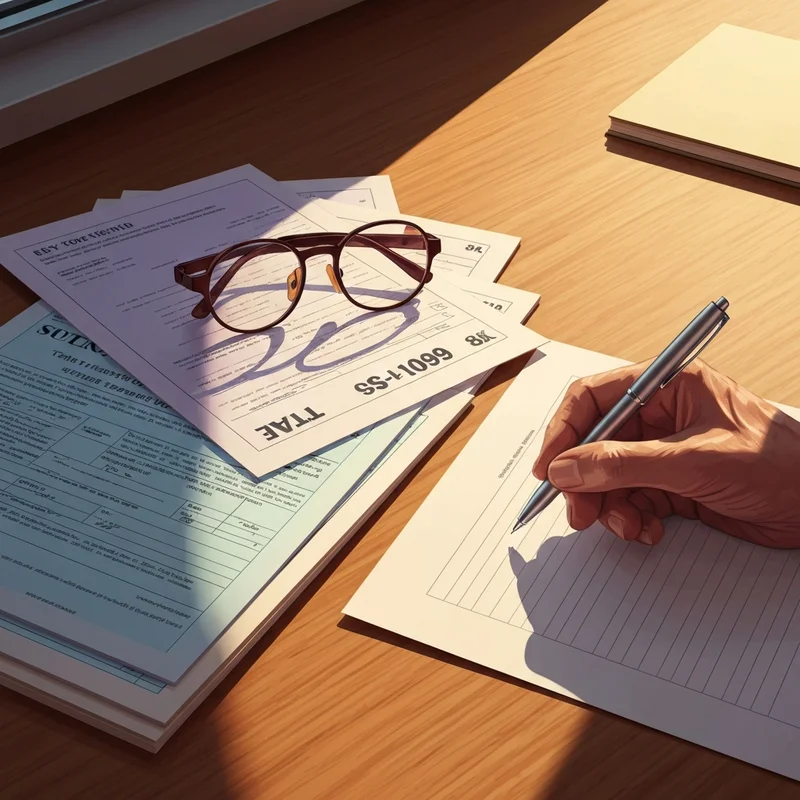 A retired person carefully filling out a social security benefits worksheet in a sunlit home office.
