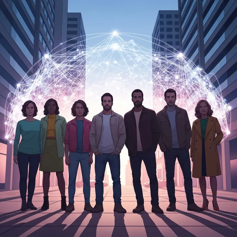 A group of diverse young adults standing together in a vibrant, digital-organic urban setting, representing what is a social movement through collective unity.