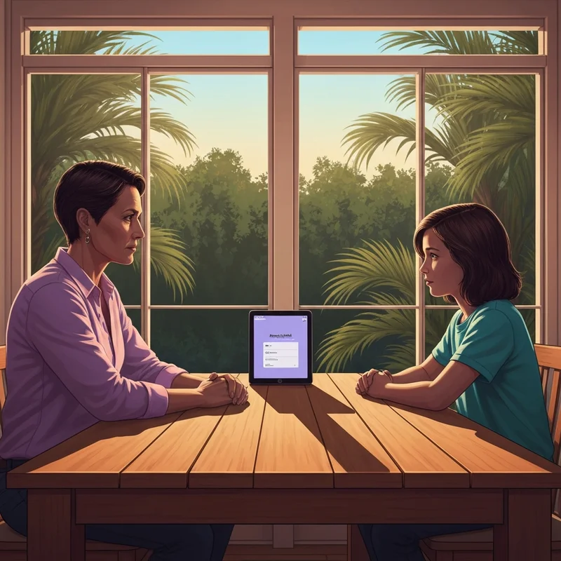 A concerned parent and teenager sitting at a table looking at a digital tablet, illustrating the impact of the florida social media ban.