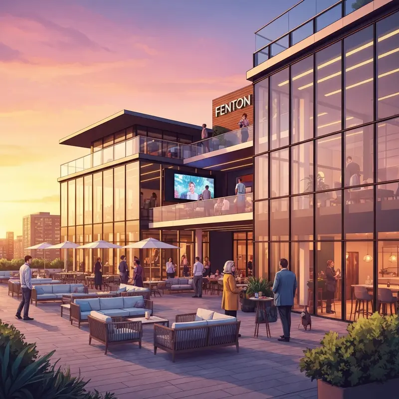 The vibrant exterior and high-energy patio of Sports & Social Cary at Fenton during sunset.