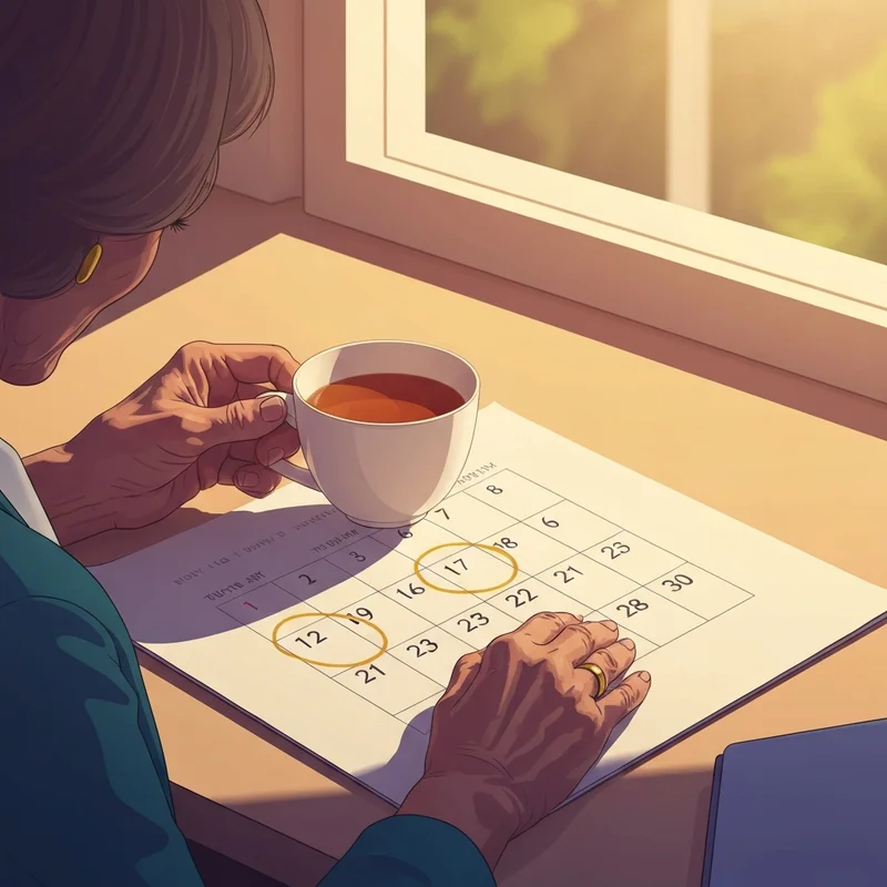 Calendario de pagos y reloj de arena simbolizando la espera de cuando recibirán los $1200 los beneficiarios del seguro social en un entorno hogareño cálido.