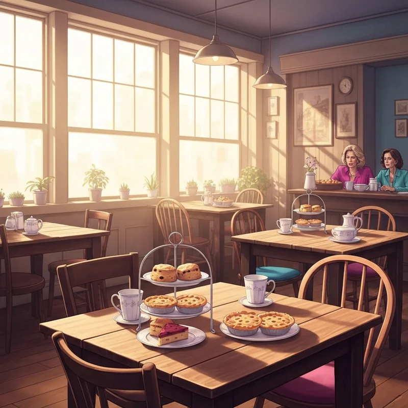 The cozy community-focused interior of Brentwood Social House in Austin featuring European-style pastries and tea.