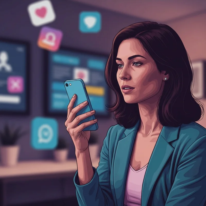 A woman looking thoughtfully at a glowing digital screen representing the search for social media girls and digital privacy.