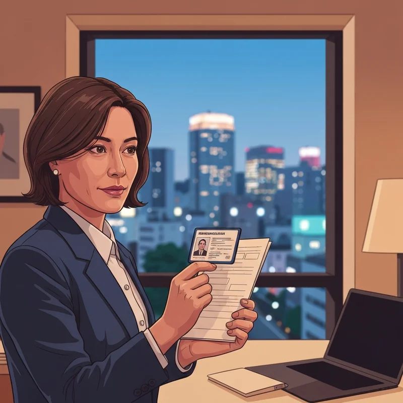 A professional resident in Tokyo looking at a My Number Card and social insurance documents with a clear, focused expression, emphasizing japan social insurance news today.