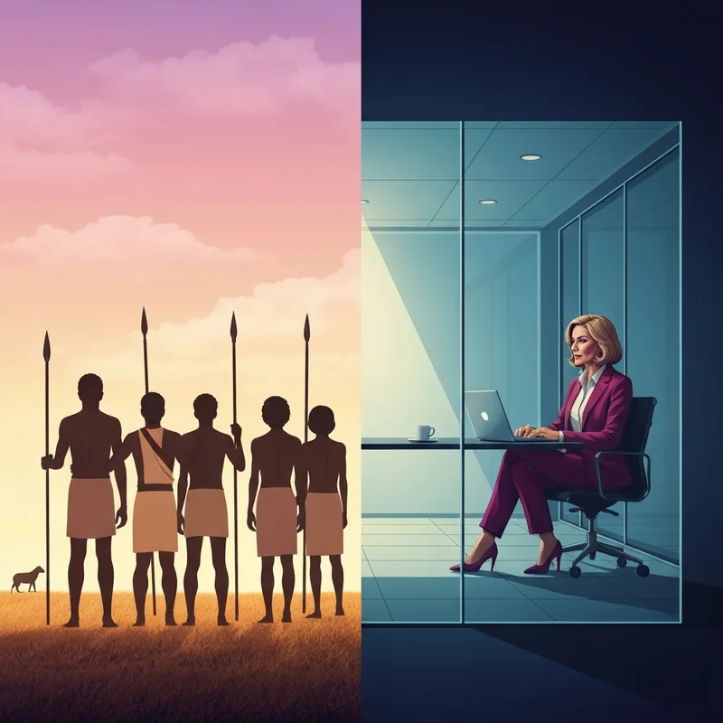 A visual representation of the transition from ancestral tribes on the savannah to a modern digital workspace, illustrating the themes of the social leap by william von hippel.