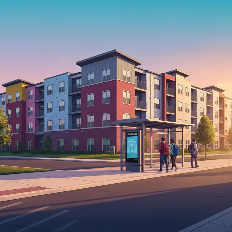 Modern apartment exterior of The Social West Ames student housing near Iowa State University at sunset.