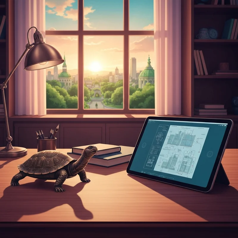 A symbolic representation of fabianism socialism featuring a stylized tortoise moving steadily across a blueprint of a modern city.