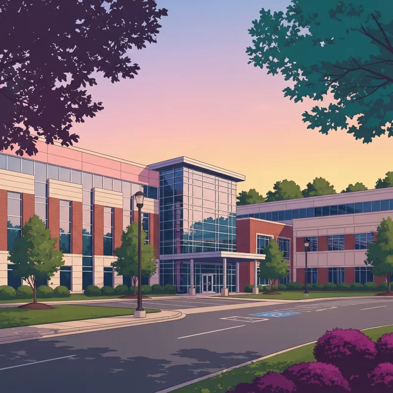 The modern brick exterior of a Cabarrus County social services building in North Carolina with a welcoming atmosphere.
