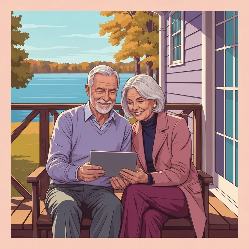 A peaceful senior couple sitting on a porch overlooking a Michigan lake, representing the financial peace of knowing does michigan tax social security.