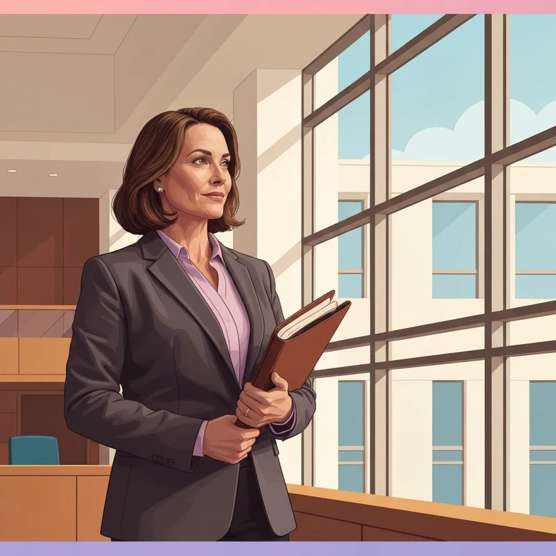 A professional forensic social worker preparing for a court case in a legal setting, reflecting authority and resilience.