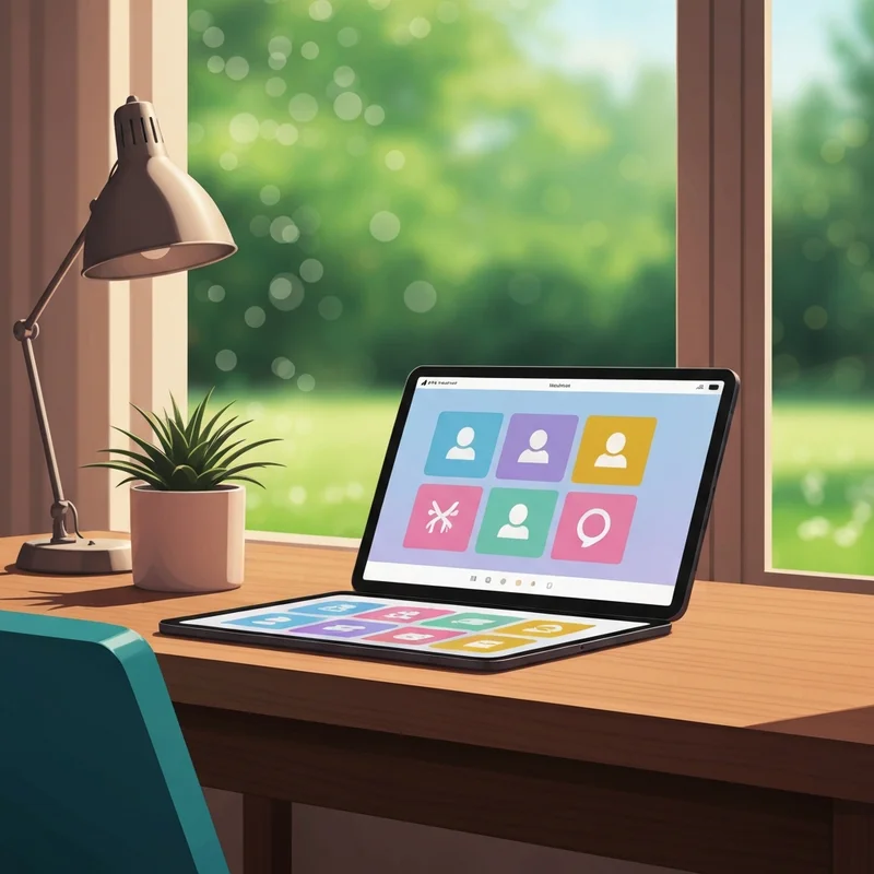 A peaceful digital workspace with a glowing screen showing a diverse community feed, representing a safe left-leaning social media site.