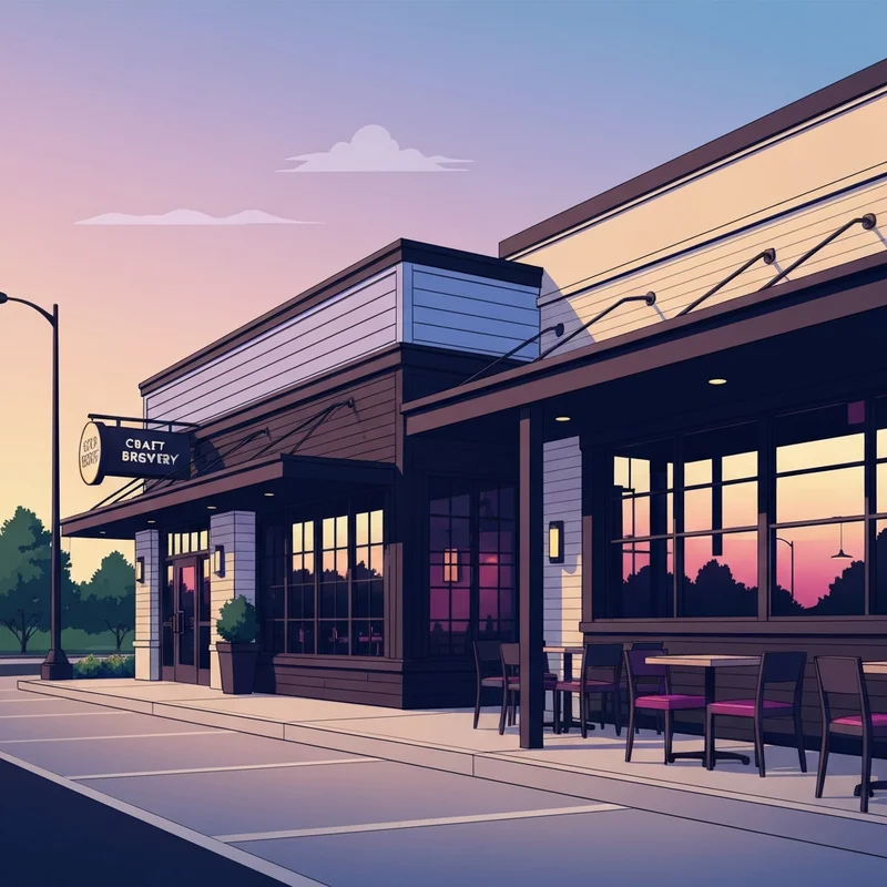 The exterior of a modern craft beer taproom and restaurant with a sign for Black Flag Social House during sunset.