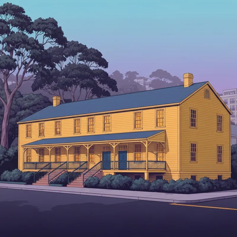 The iconic yellow barracks of the Presidio Social Club during sunset in San Francisco.