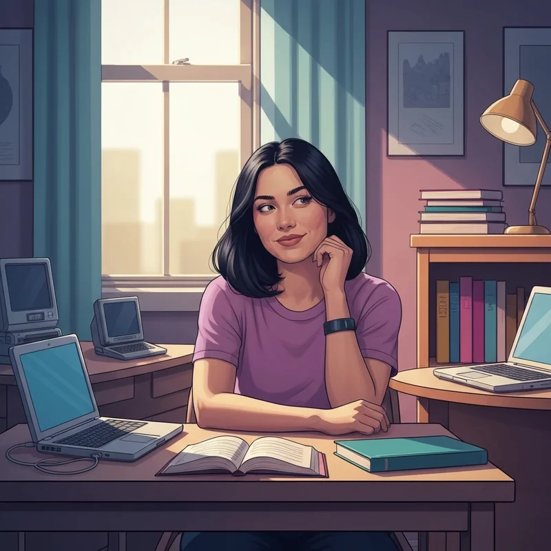 A cinematic representation of a young woman in a 2010-era Stanford dorm room, reflecting the breakout role of dakota johnson social network.