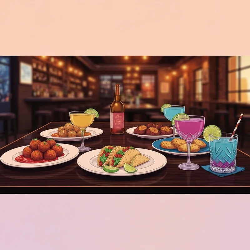 A vibrant spread of dishes from the Kitchen Social menu including eggplant meatballs and tacos on a tavern-style table.