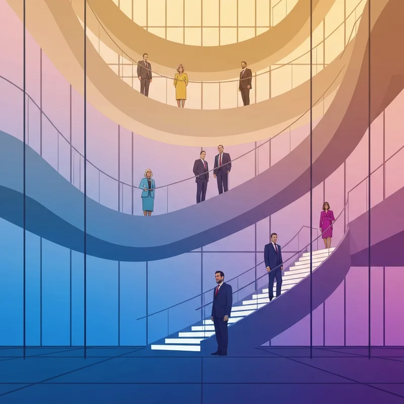 A modern architectural representation of a social hierarchical structure with glowing layers and figures moving between status levels.