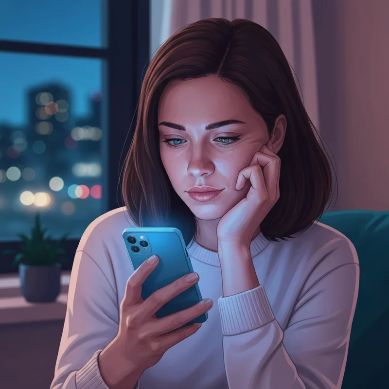 A young woman sitting in a dimly lit room, her face softly illuminated by a smartphone screen reflecting a mix of curiosity and exhaustion, exploring the question: is social media good or bad.