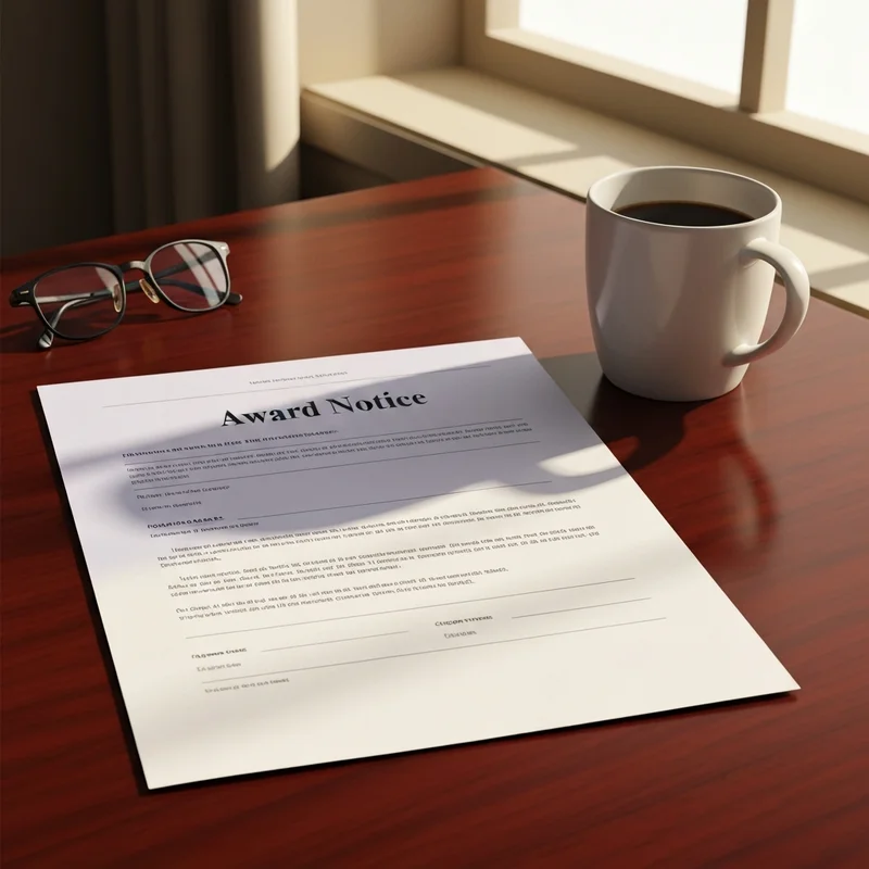 A detailed social security award letter sample lying on a wooden desk next to a pair of glasses and a calculator.