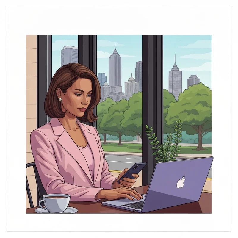 A professional atlanta social media manager freelance strategist working on a laptop at a trendy coffee shop in Midtown Atlanta.