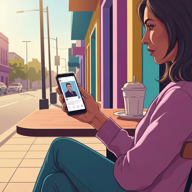 A young woman smiling while using her smartphone in a vibrant outdoor café, representative of using social media in spanish to connect with friends.