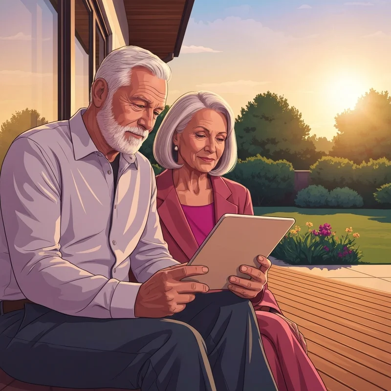 A mature, confident couple sitting on a sunlit porch looking at a tablet together, representing Dave Ramsey warns social security is not enough for retirement and the peace of having a plan.