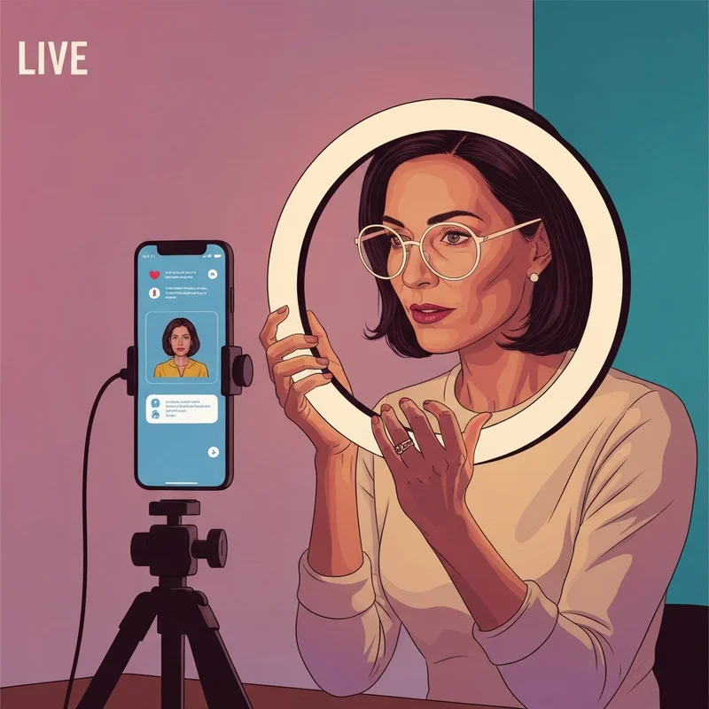 A confident young creator using a ring light and smartphone for a live social commerce session in a modern home studio.