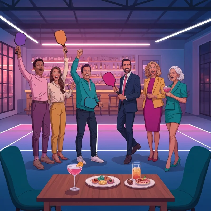 A group of trendy young professionals laughing and playing at a Pickle and Social venue with cocktails nearby.