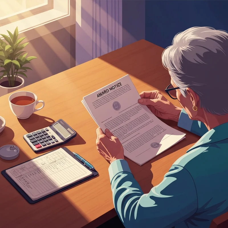A close up of hands holding a calculator and a Social Security Award letter, representing social security disability back pay calculation.