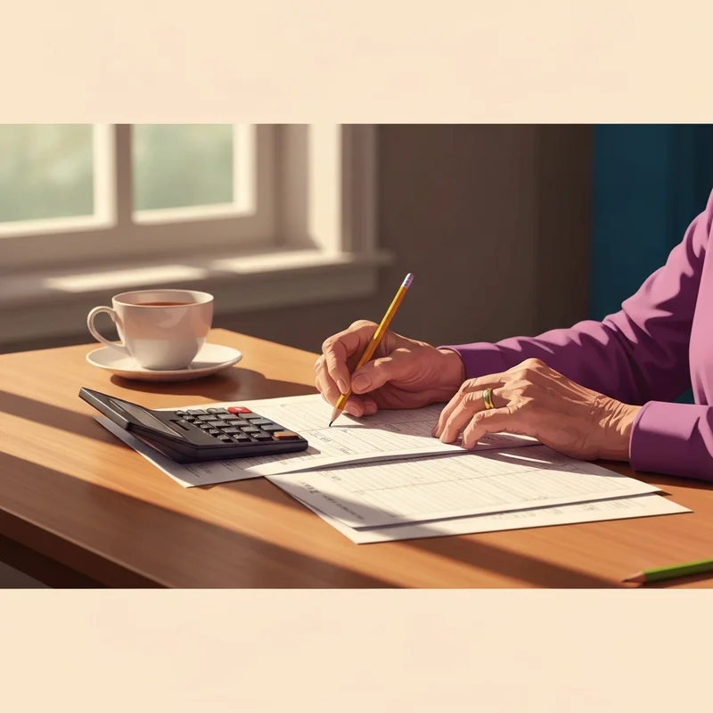 A close-up of an elderly person's hands holding a calculator and a paper budget, representing the reality behind the proposed $2200 social security payment rumors.