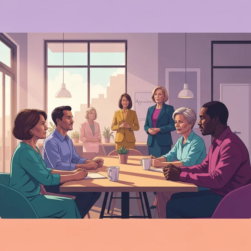 A diverse group of empathetic professionals in a collaborative office setting, celebrating social worker month with supportive gestures and meaningful connection.