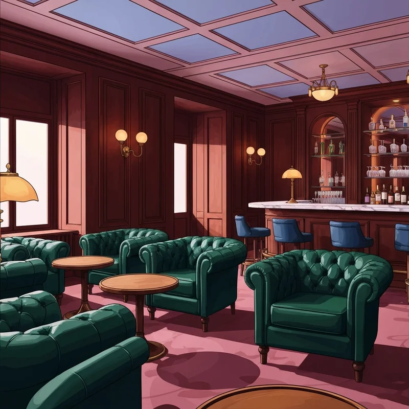 A sophisticated and moody interior of a Franklin Social lounge with leather chairs and historical accents.