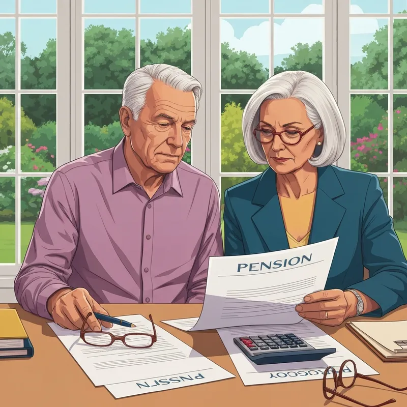 A mature couple sitting at a wooden desk reviewing public sector retirees social security benefits documents with a calculator and a warm sunset light in the background.